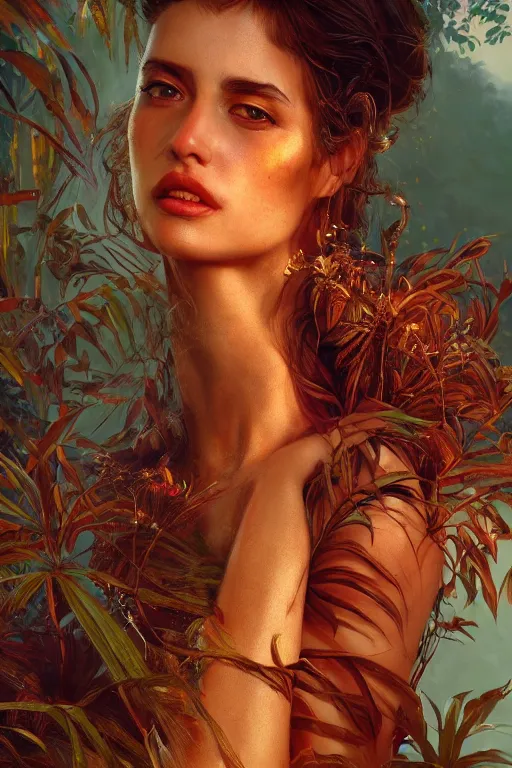 Prompt: stunningly beautiful, spanish dancer in jungle, symmetrical face, golden hour, smooth, focus, highly detailed, hyper realistic, dramatic lighting, elegant, intricate, concept art, art by wlop, mars ravelo, greg rutowski, artstation