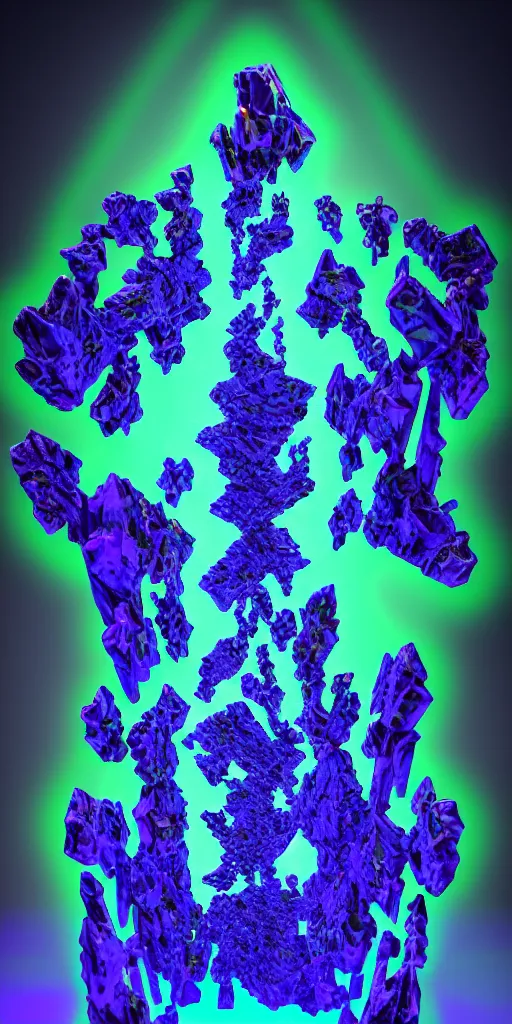 Prompt: 3 d photographic render of a deconstructed asymmetric mandelbulb sculpture, blue bioluminescent chrometype, made of liquid purple metal, neotribal with thorns and green thunders, cyberpunk pyramid, raytraced, hyper realistic, volumetric lightning, 8 k, by zhelong xu and michelangelo