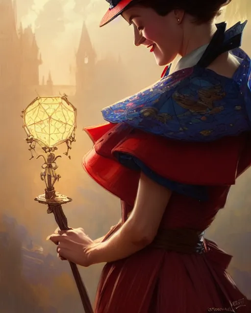 Prompt: Mary Poppins smiling and looking to the side, D&D, fantasy, intricate, elegant, highly detailed, digital painting, artstation, concept art, matte, sharp focus, illustration, hearthstone, art by Artgerm and Greg Rutkowski and Alphonse Mucha