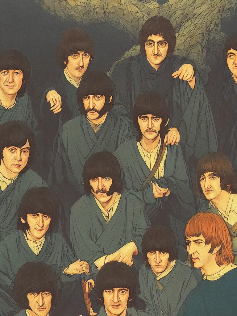 Prompt: an close up of the beatles as a characters from the lord of the rings, taking mind altering drugs, dreaming psychedelic hallucinations in the vast mordor landscape, by kawase hasui, moebius, edward hopper, colorful flat surreal design, dramatic lighting, hd, 8 k, artstation