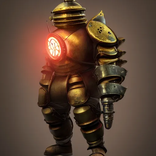 Prompt: a man wearing heavy nautical armor, glowing helmet, Bioshock inspired, Realistic octane render, high detail