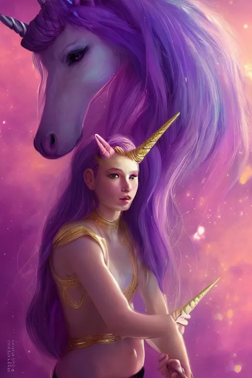 Prompt: beautiful Unicorn in gold and purple pink soft lighting, symmetrical portrait, high quality, cinematic by WLOP and Rossdraws, concept art of the character. Epic composition, hyperrealism, award-winning artwork, realistic hair, artstation trend, high quality printing, fine art with subtle redshift rendering