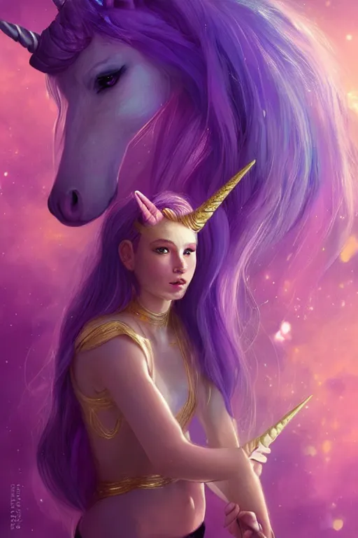 Image similar to beautiful Unicorn in gold and purple pink soft lighting, symmetrical portrait, high quality, cinematic by WLOP and Rossdraws, concept art of the character. Epic composition, hyperrealism, award-winning artwork, realistic hair, artstation trend, high quality printing, fine art with subtle redshift rendering