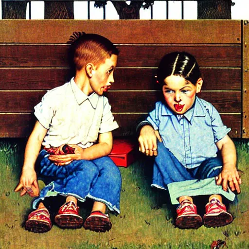 Image similar to boy and girl at a playground staring at iphones, by norman rockwell