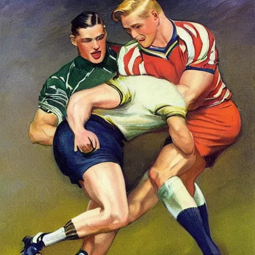 Image similar to 1920s a handsome blonde rugby player tackling a handsome brunette rugby player, rugby ball in the air, full color painting by J.C. Leyendecker