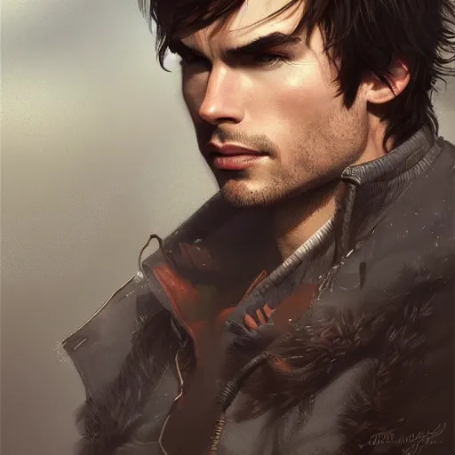 Image similar to portrait of ian somerhalder, wide angle, intricate, wild, highly detailed, digital painting, artstation, concept art, smooth, sharp focus, illustration, art by artgerm and greg rutkowski and alphonse mucha - W 768