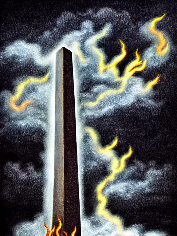 Prompt: savage electric flames engulfing an obsidian obelisk, rococo, smoky, beautiful, mythical, mystical, highly detailed, hyperrealistic, energy, low light, high contrast, lifelike, bright sky