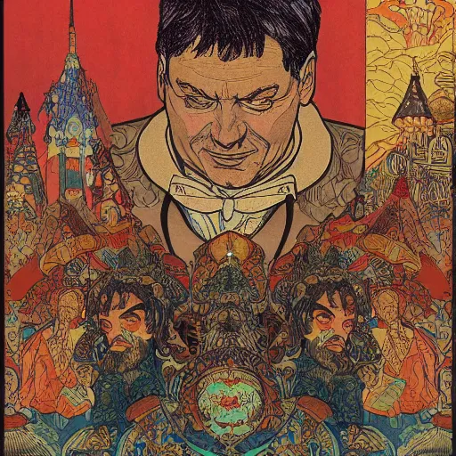 Image similar to viktor orban on a detailed ivan bilibin and edmund dulac and ilya kuvshinov and katsuhiro otomo inspired print