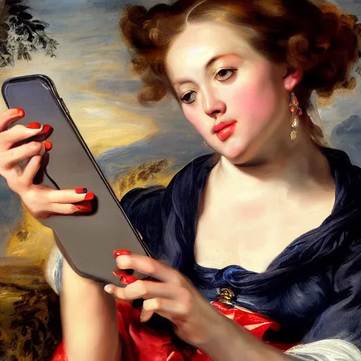 Prompt: heavenly summer sharp land sphere scallop well dressed lady taking a selfie with her iphone auslese, by peter paul rubens and eugene delacroix and karol bak, hyperrealism, digital illustration, fauvist, iphone
