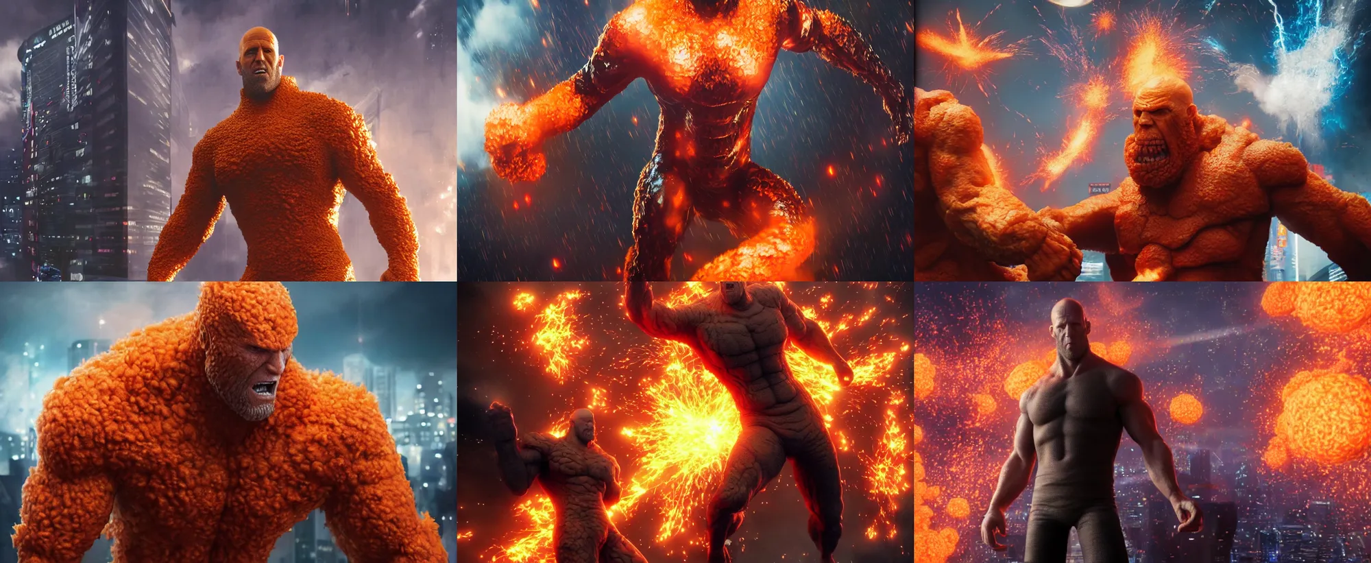 Prompt: ultrarealistic giant jason statham wearing orange monster chicken suit thanos ultimate attack in tokyo by yusuke murata, explosions, octane render, character concept art, movie action still frame, cinematic lighting, volumetric lighting, extreme intricate details, artstation, dnd art, cgsociety, sharp focus, ultra wide angle, digital painting by artgerm, gerald brom, wlop