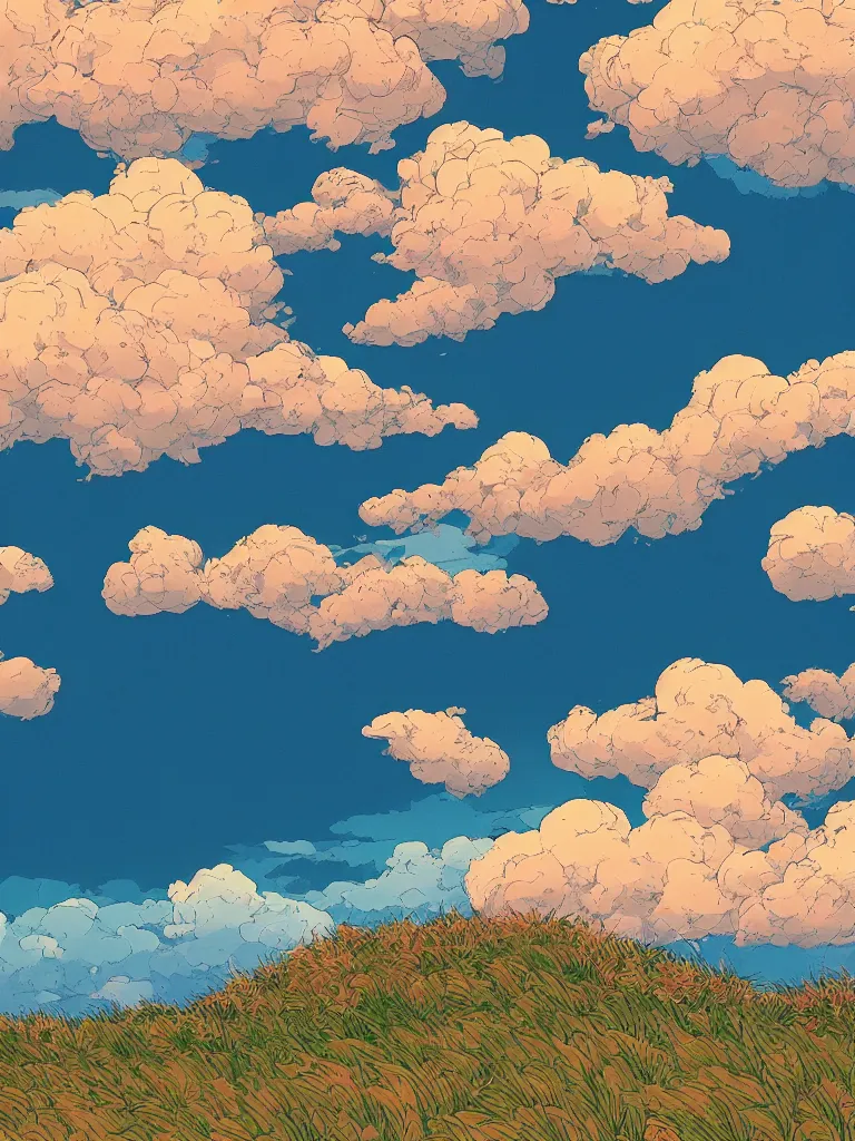 Image similar to a digital art of a close up view of a field, the beach, mountain and the sea at noon, beautiful sky and clouds, colorful, by laurie greasley, artstation, studio ghibli color scheme