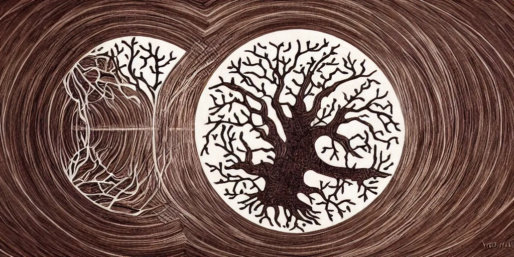 Prompt: tree of life, abstraction, nerves, yin and yang, tranquility, zen,, by yoshitaka aman,