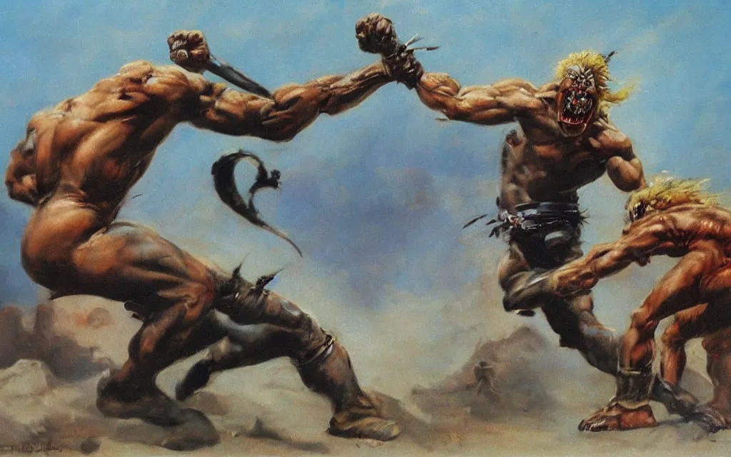 Image similar to frank frazetta painting of a brutal fight between a panther and a warrior with blond hair, oilpainting, smooth,