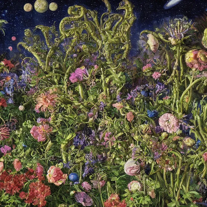 Prompt: close - up view of alien plants and flowers in a garden at night. decorated with foliage, faberge, and filigree. pulp sci - fi art for omni magazine. cosmic. baroque period, oil on canvas. renaissance masterpiece, by r. s. connett. highly detailed digital art