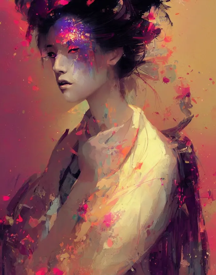 Image similar to portrait of a beautiful geisha, volume lighting, concept art, by greg rutkowski!!, colorful, xray melting colors!!