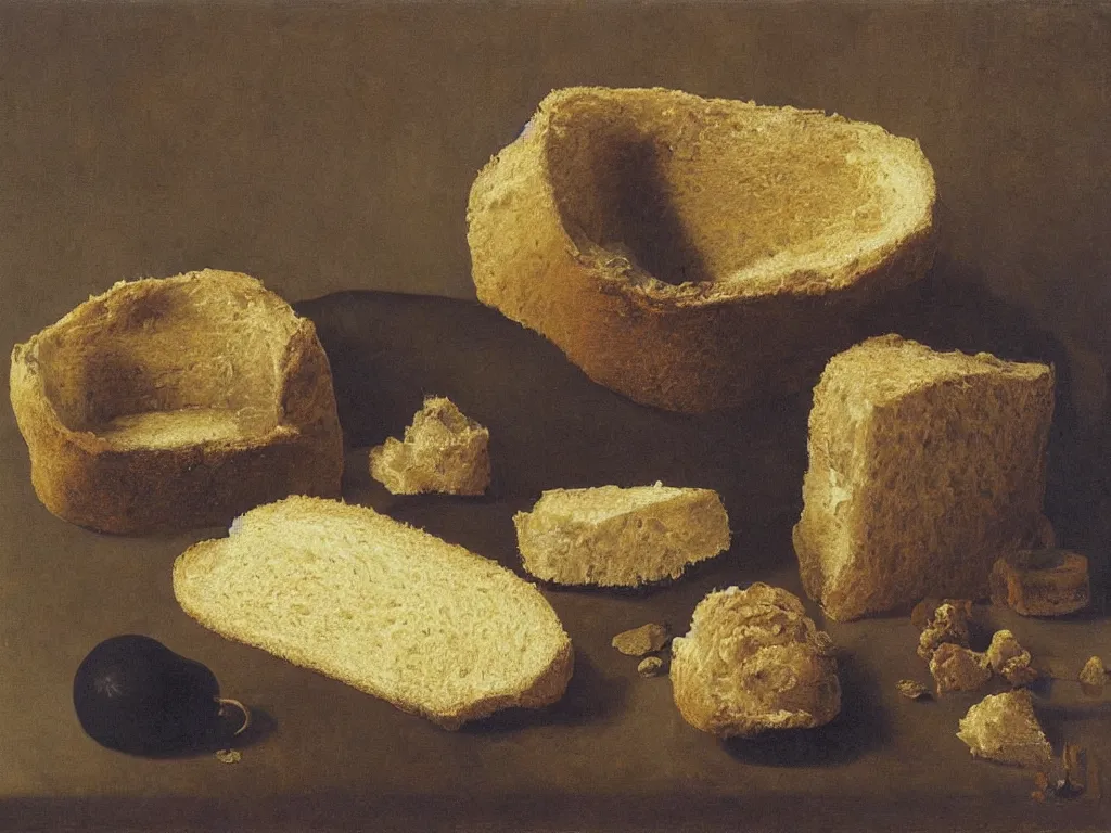 Image similar to still life with fluffy, giant diaphanous sponge - like mold raising out of an old bread. painting by zurbaran, max ernst, agnes pelton, morandi, walton ford