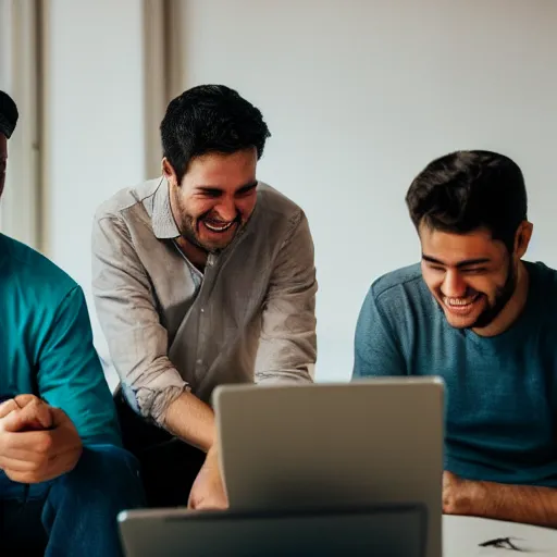 Image similar to several guys looking at a laptop screen laughing, colour photograph, 35mm