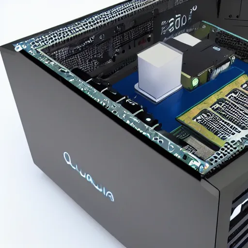 Image similar to realistic photo of a quantum desktop computer in the 2088,8k ultra realistic details technical details