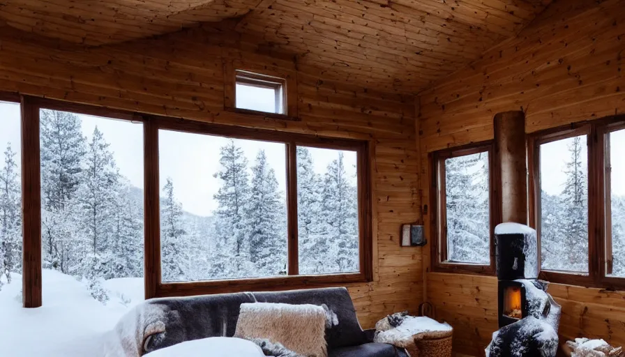 Prompt: empty cozy interior of small cabin, warm, outside winter landscape