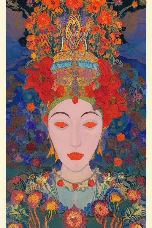 Image similar to queen of flowers, by Tino Rodriguez and Annie Swynnerton, and Nicholas Roerich, elaborate headdress and embroidered velvet, iridescent beetles, rich color, dramatic cinematic lighting, extremely detailed