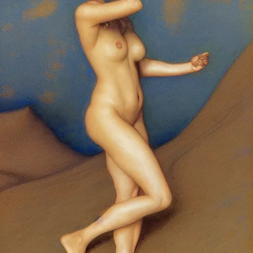 Prompt: masterpiece full body portrait of a beautiful Fremen woman with a perfect body on Dune, by Edgar Maxence and Ross Tran and Michael Whelan and Gustav Klimpt