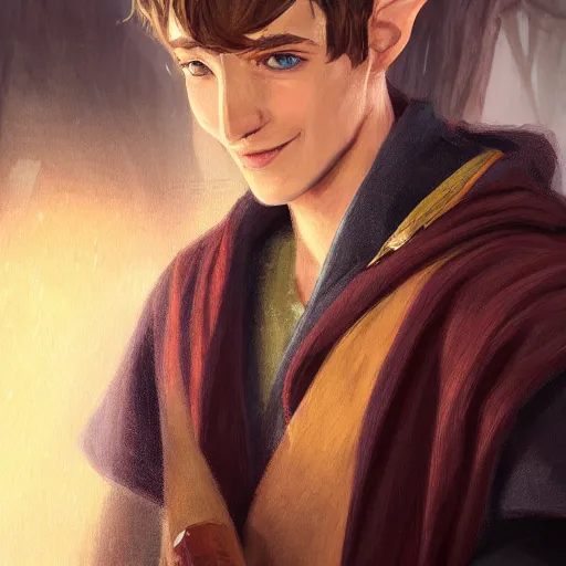 Image similar to A portrait of a adolescent male half-elf wizard, focus on face, tall, slim, short brown hair, smiling, wizard robes, staff, sharp focus, highly detailed, photograph, cinematic, dynamic lighting, trending on artstation, digital painting, in the style of Chris Ostrowski