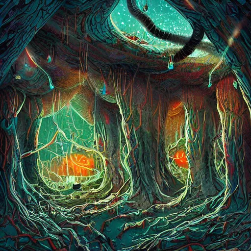 Prompt: psychedelic mushroom houses, post apocalyptic, dark fantasy, liminal space, dark paradise, digital art, 4 k