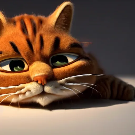 Image similar to still photo of garfield, highly detailed, photorealistic portrait, bright studio setting, studio lighting, crisp quality and light reflections, unreal engine 5 quality render