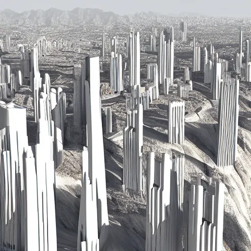 Prompt: city made out of glistening white marble on a desert cliffside, fusion between gothic and futuristic architecture, digital art