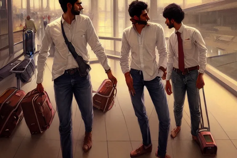 Image similar to Anxious good looking pale young Indian doctors wearing jeans and shirts at the airport, portrait, elegant, intricate, digital painting, artstation, concept art, smooth, sharp focus, illustration, art by artgerm and greg rutkowski and alphonse mucha