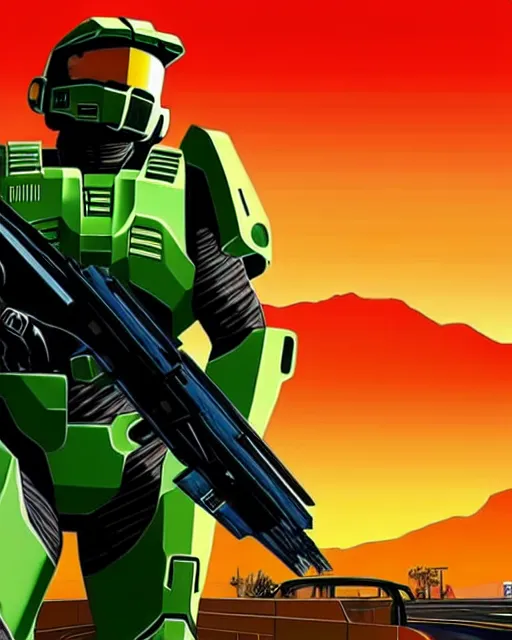 Image similar to Masterchief from Halo in GTA V, Cover art by Stephen Bliss, boxart, loading screen,