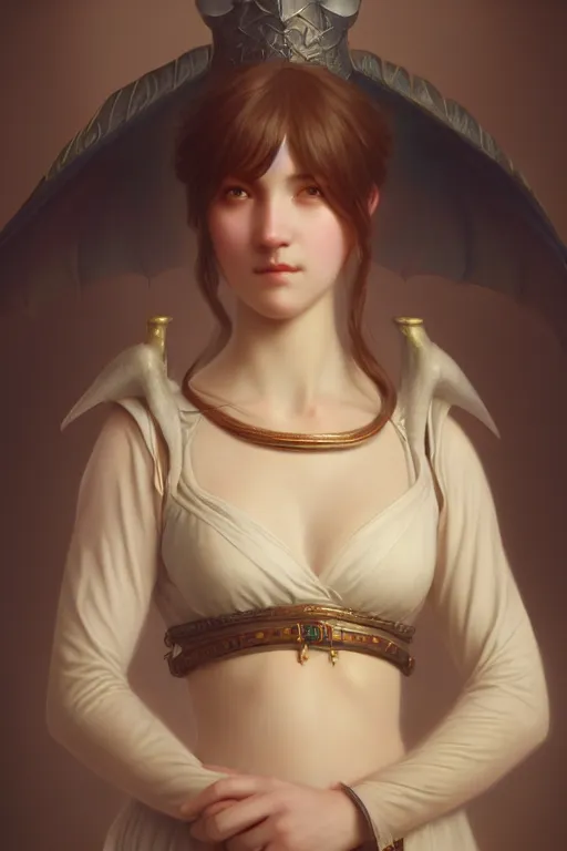 Prompt: a portrait of a female fantasy angle creature, bored, illustration, soft lighting, soft details, painting oil on canvas by Edmund Blair Leighton and Charlie Bowater octane render trending on artstation d&d characters, 4k, 8k, HD