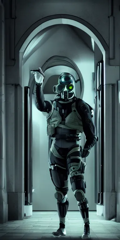 Prompt: full body cinematic shot of a male time traveling intelligence agent in a black and greyscale sealed continuity suit stepping through an arched time travel gateway with glowing keystone, masculine, simple and functional with gaiter-style gas mask, a mix between splinter cell and metal gear solid by alphonse mucha