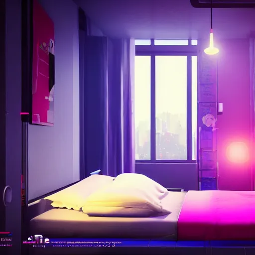 inside a girl room, cyberpunk vibe, neon glowing lights, sharp