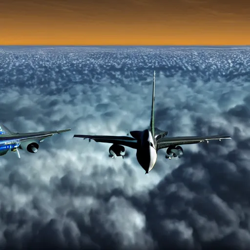 Image similar to two jets, flying towards each other, parallel planes, blue explosion in the background, realistic, 4 k, hdr, cinematic scene, clouds, movie scene