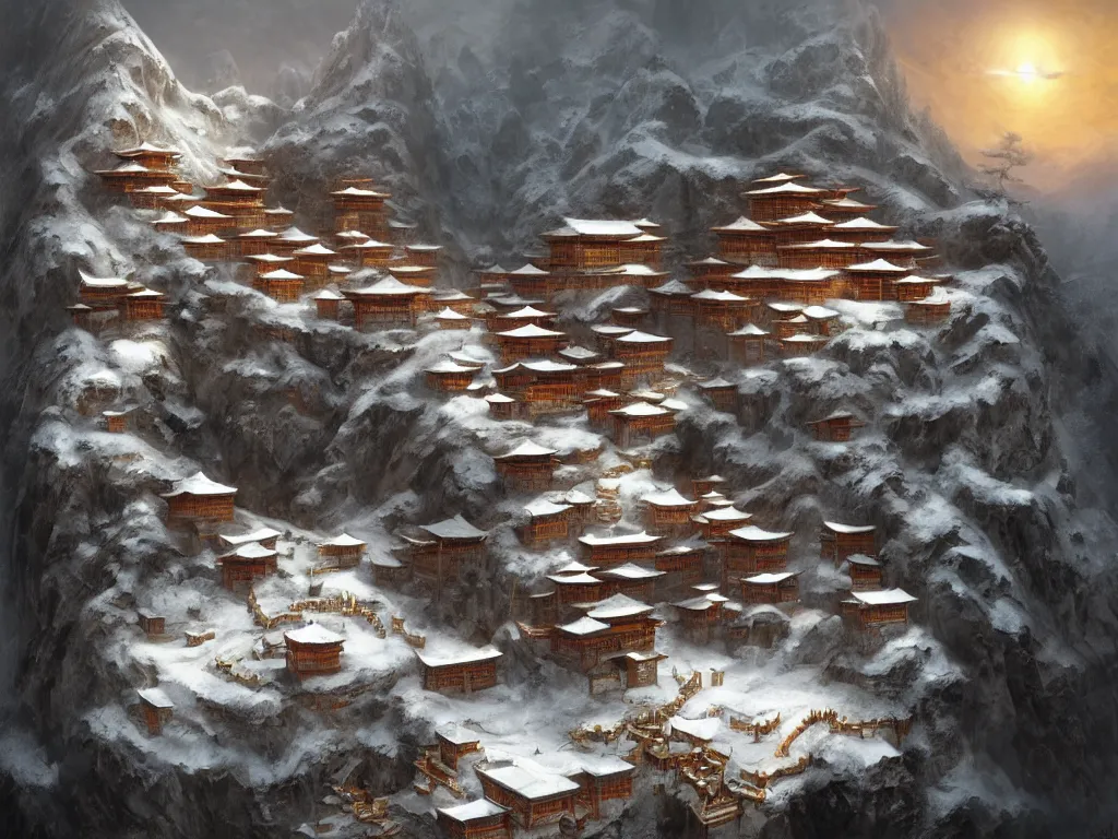 Image similar to shaolin monastery on snowy mountain, artstation, by frank frazetta, concept art, digital art, cool color palette, 8 k, sad, incandescent, cinematic lighting, ray tracing ambient occlusion, in a symbolic and meaningful style, insanely detailed and intricate, hypermaximalist, elegant, ornate, hyper realistic, super detailed