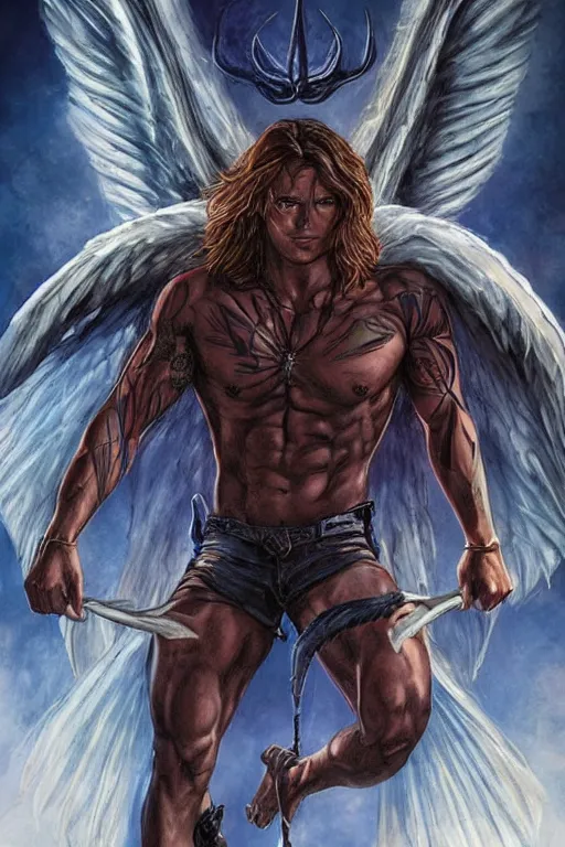 Image similar to Sam Winchester as a muscular angel with demon wings wide open, whole body tattooed with runes and satanic symbols, urban fantasy romance book cover, D&D!, fantasy style, sharp focus!, ultra detailed, art by Artgerm and Peter Andrew Jones, WLUP