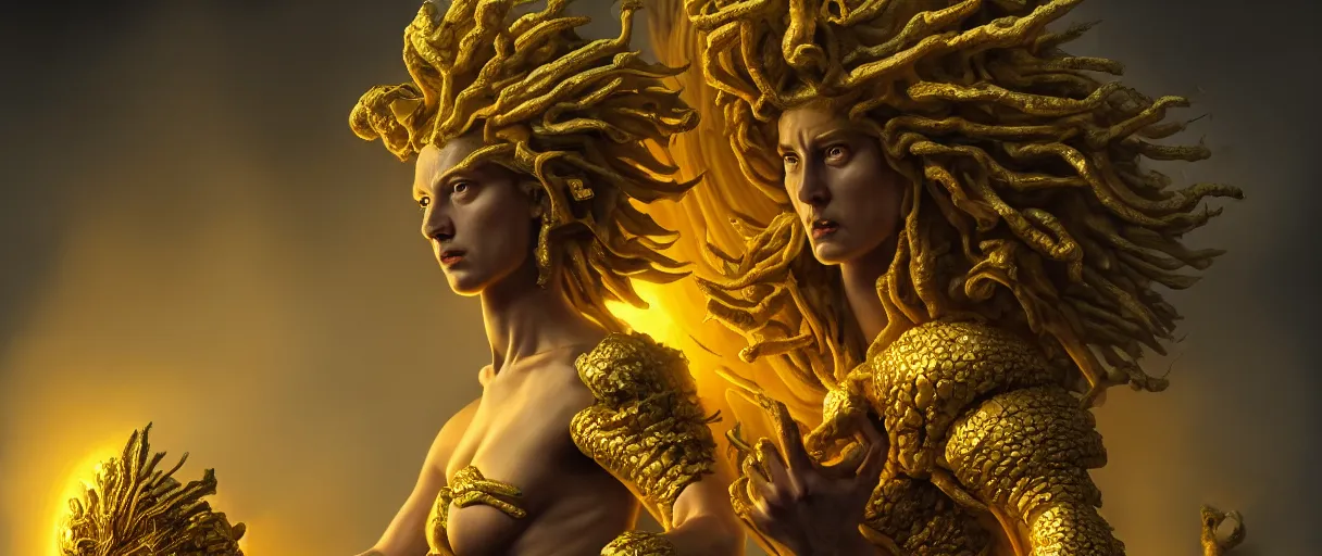 Image similar to hyperrealist highly detailed neo-baroque god as an angry amazon woman crushing earth into pieces concept art pascal blanche key sage dramatic yellow lighting 8k wide angle shallow depth of field