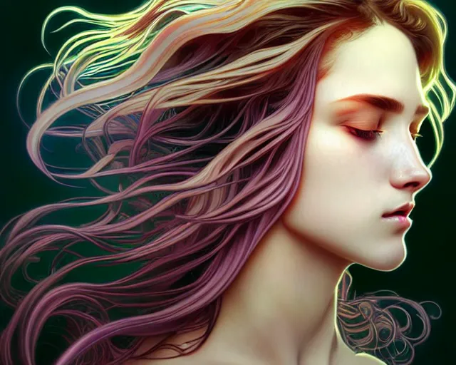 Image similar to overlord, psychedelic flowing hair, close eyes, portrait, highly detailed, deep focus, elegant, digital painting, smooth, sharp focus, illustration, ultra realistic, 8 k, art by artgerm and alphonse mucha