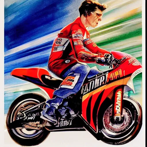 Image similar to photorealistic picture, by bob peak and alex ross, moto gp ads in 1 9 9 0 s, gouache and wash paints, fine details, fine intricate, fine facial proportionate, fine body proportionate, fine body posse, smooth sharp focus, sharp focus