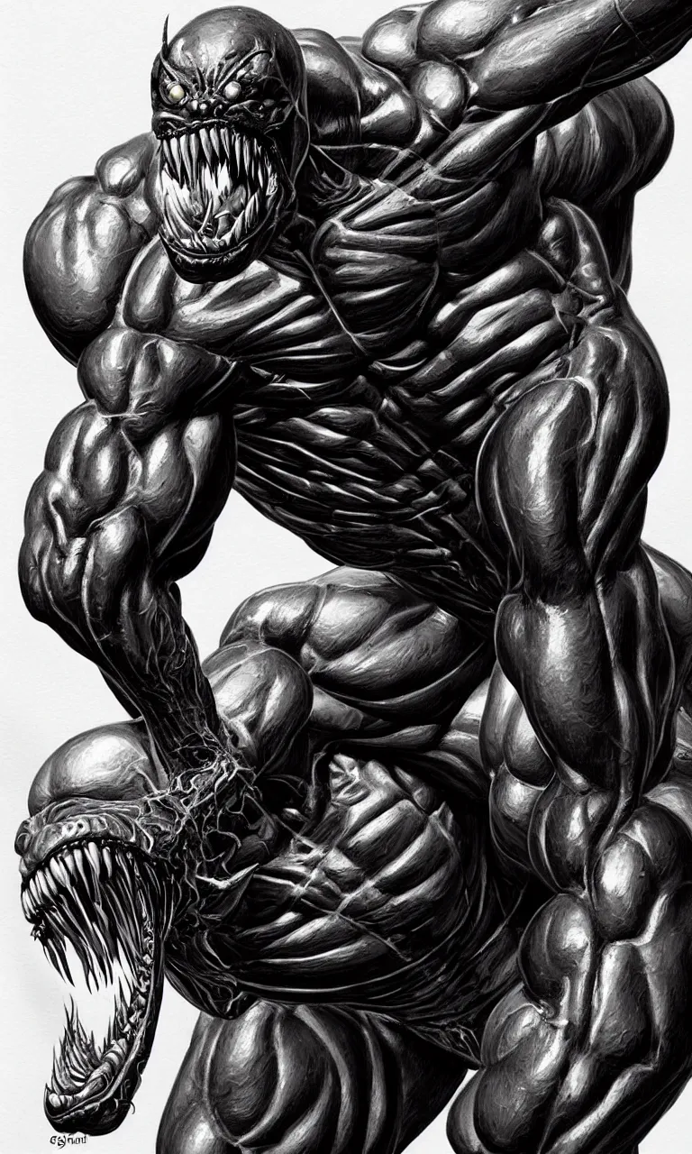 Image similar to legs and feets study of hyper realist full body long shot portrait of bodybuilder venom from marvel comics!!!!, large mouth with teeth, large tongue, lovecraftian horror!!, fantasy, intricate, elegant, highly detailed, digital painting, artstation, concept art, matte, sharp focus, illustration, art by glenn fabry and giger