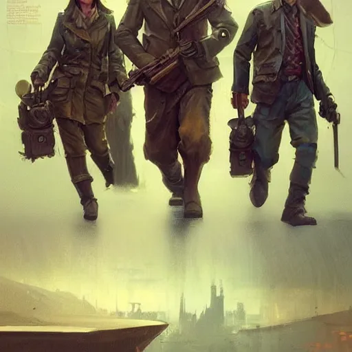 Prompt: a highly detailed epic cinematic concept art CG render digital painting artwork: Soviet dieselpunk detectives from Se7en. By Greg Rutkowski, Ilya Kuvshinov, WLOP, Stanley Artgerm Lau, Ruan Jia and Fenghua Zhong, trending on ArtStation, subtle muted cinematic colors, made in Maya, Blender and Photoshop, octane render, excellent composition, cinematic atmosphere, dynamic dramatic cinematic lighting, precise correct anatomy, aesthetic, very inspirational, arthouse