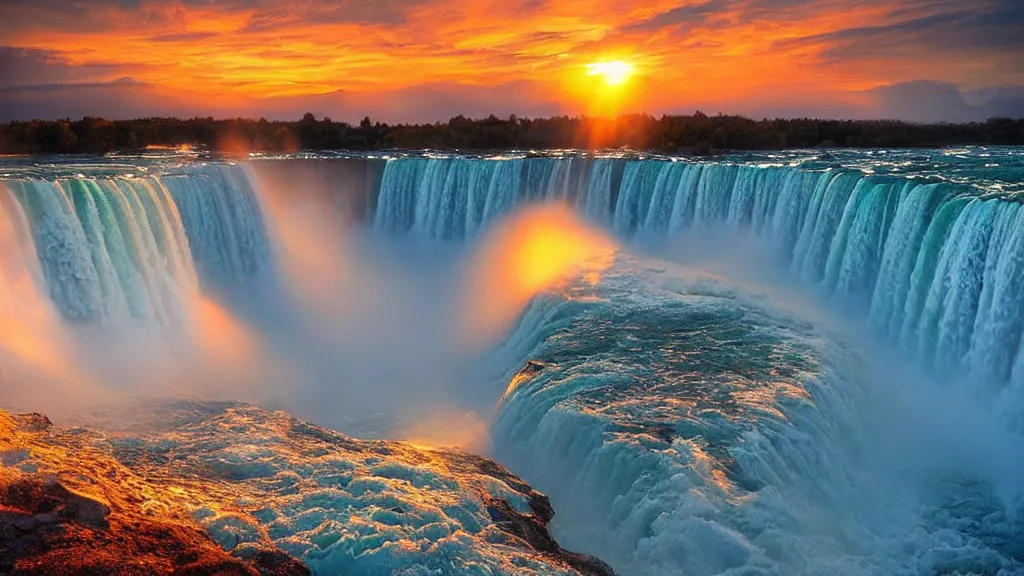 Image similar to amazing landscape photo of niagara falls in sunset by marc adamus, beautiful dramatic lighting