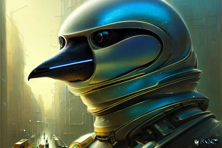 Prompt: A solarpunk very highly detailed Anthropomorphic cybertronic penguin with very highly detailed face on the street of a very highly detailed solarpunk sci-fi city digital rational painting art by Greg Rutkowski, sci-fi highly detailed, digital concept art, Dimensional cyan gold natural light, sharp focus, Golden Ratio illustration, realistic concept art by Stephen Hickman and James Gurney and Hiromasa Ogura Ghost in the Shell rendered in VRAY, From the distance