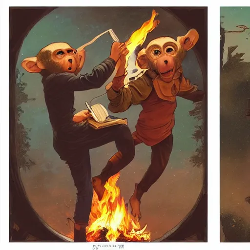 Image similar to [two monkeys throwing books in a bonfire, behind them space rockets are taking off. propaganda, closeup, D&D, intricate, elegant, highly detailed, digital painting, artstation, concept art, matte, sharp focus, illustration, art by Artgerm and Greg Rutkowski and Alphonse Mucha and Enki Bilal]