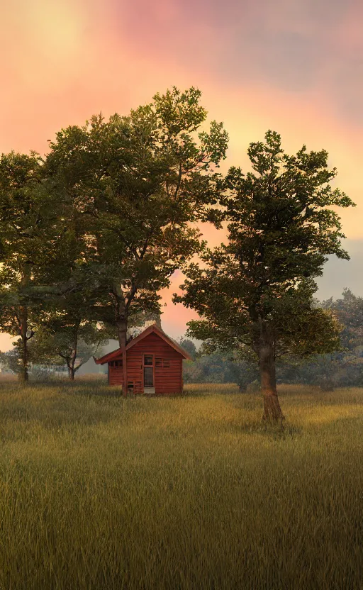 Prompt: small house at sunset. Country road, country landscape, trees. wide view, desolate. digital illustration, very vibrant colors, soft lighting, adventurous, atmospheric lighting, 8K, octane render. By Makoto Shinkai, Stanley Artgerm Lau, WLOP, Rossdraws, James Jean, Andrei Riabovitchev, Marc Simonetti, krenz cushart, Sakimichan, D&D trending on ArtStation, digital art.