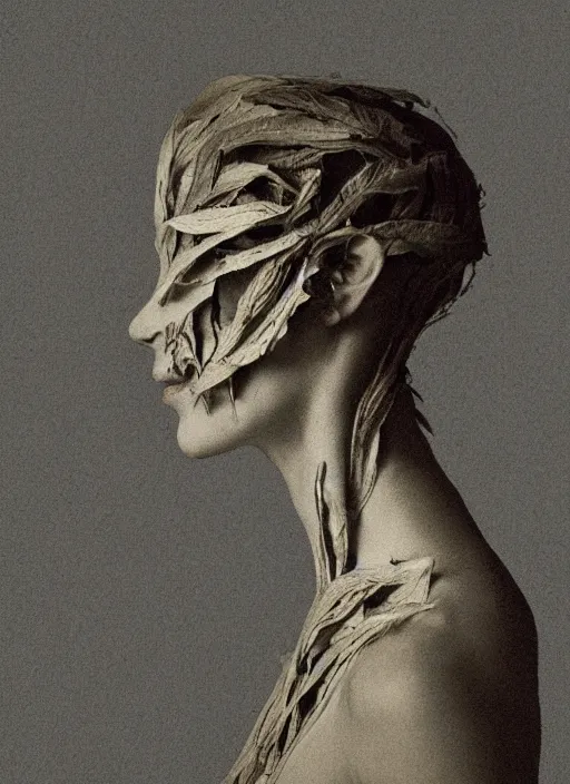 Image similar to a woman's face in profile, made of leaf skeleton, in the style of the dutch masters and gregory crewdson, dark and moody