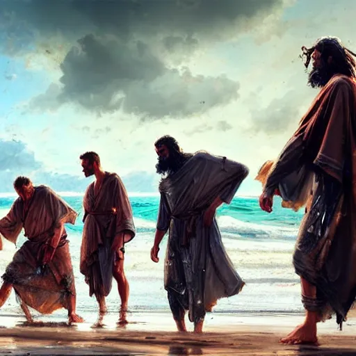 Image similar to a band of ancient heroes wearing robes washing up on a sandy shore, tattered clothing, fragments of wood, crashing waves, by greg rutkowski, heroic, soaking wet, bright sun, calm sky, dramatic, realistic, detailed, ancient, artstation, artgerm, digital painting