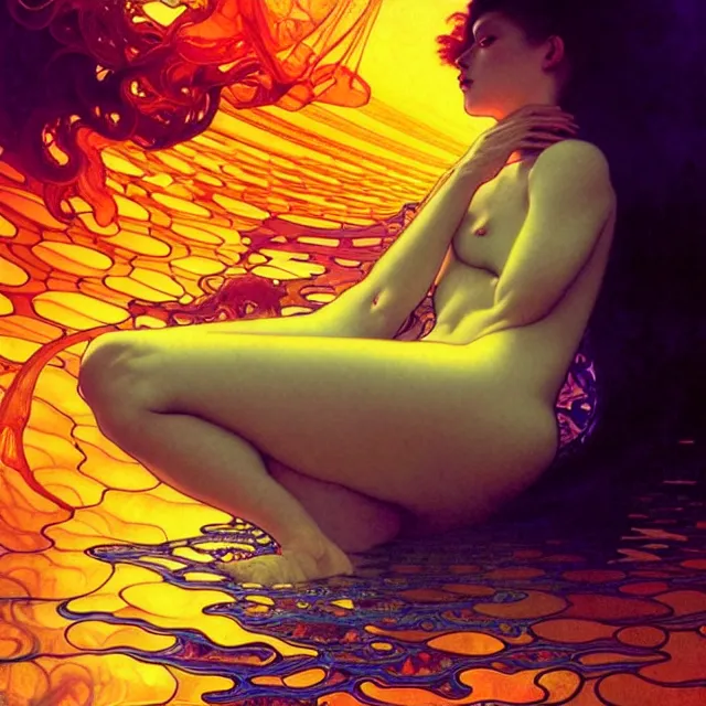 Image similar to mind bending indigo ocean waves of glossy psychedelic liquid honey drops flowing like kaleidoscopic translucent amber, lsd waves ripples, crystal clear, backlit, sunset, refracted lighting, art by collier, albert aublet, krenz cushart, artem demura, alphonse mucha