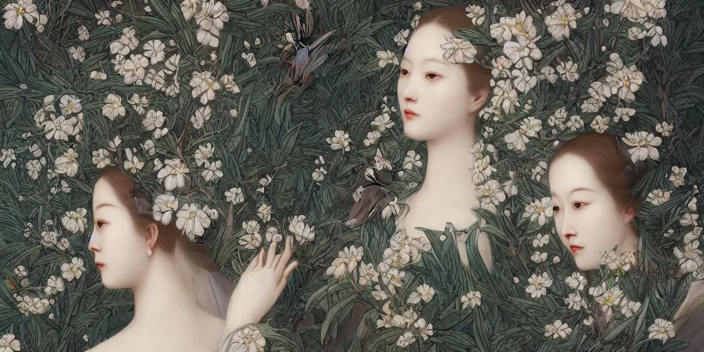 Image similar to breathtaking detailed concept art painting art deco pattern of faces goddesses of white flowers with anxious piercing eyes and blend of flowers and birds, by hsiao - ron cheng and john james audubon, bizarre compositions, exquisite detail, extremely moody lighting, 8 k